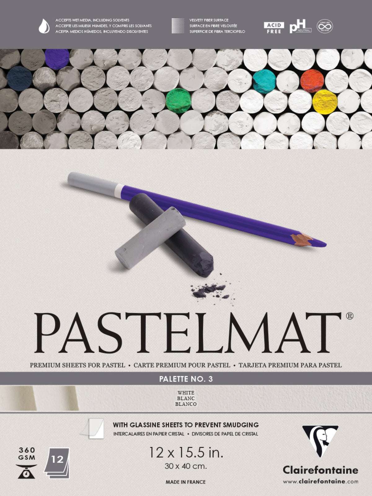 Clairefontaine White Pastelmat Pad No3, 30x40cm, 360g, 12 Sheets