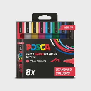 POSCA Brush PC-5BR 8 Assorted Colours Standard Set with semi-flexible tips for versatile art on various surfaces.