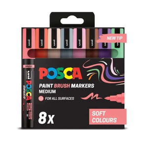 POSCA Brush PC-5BR pastel set with 8 soft colors for versatile art on any surface, featuring a new tip for seamless gradients and designs.