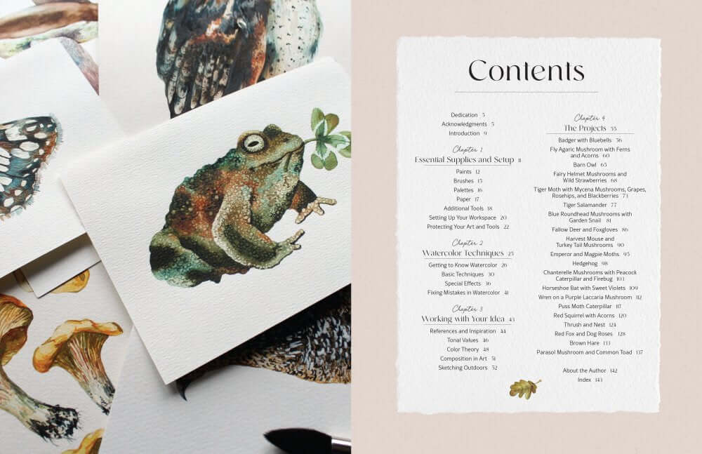 Painting Woodland Watercolors – Step-by-Step Nature Watercolour Boo showing watercolor illustrations and contents page