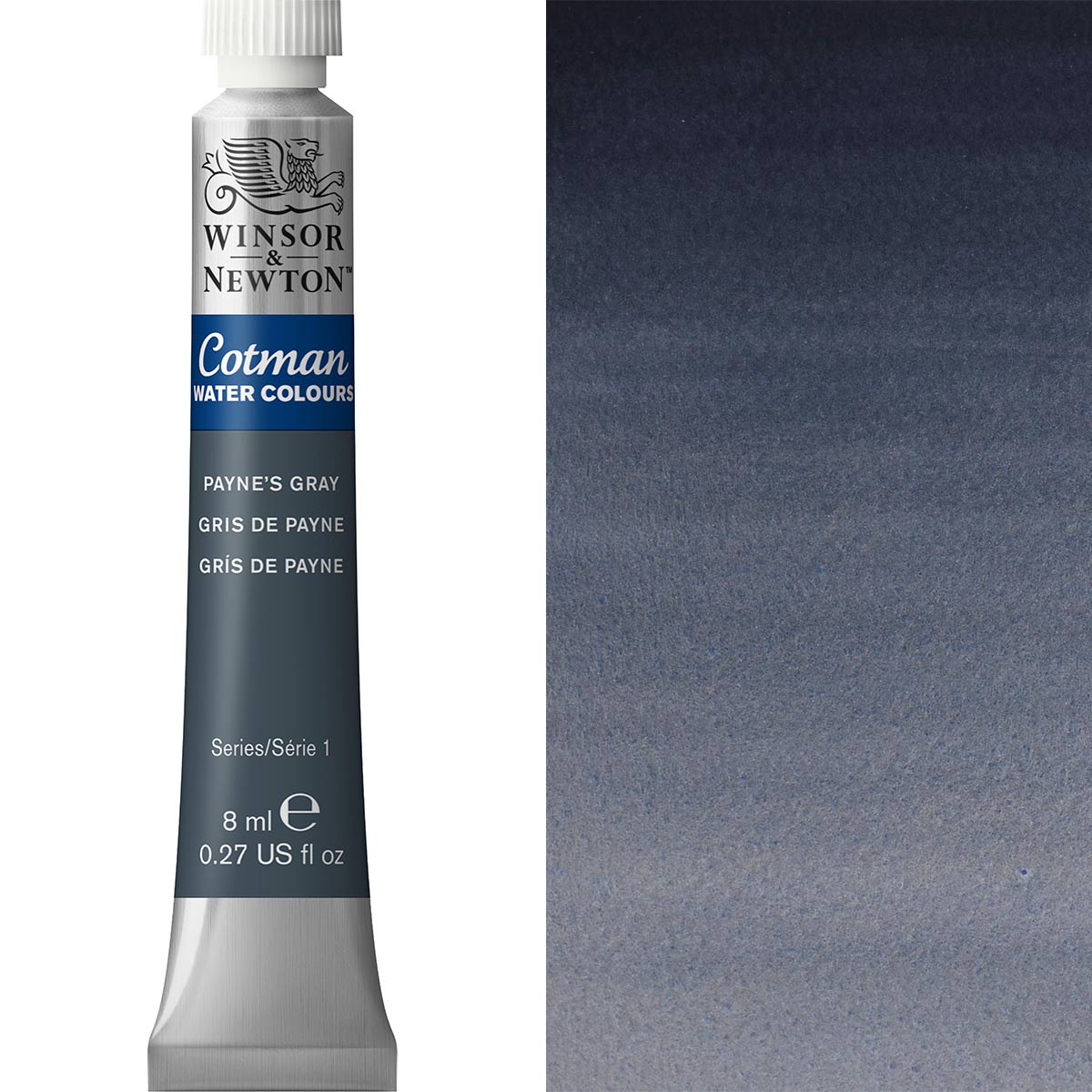 Winsor & Newton Cotman Watercolour paint tube in Payne's Gray with swatch, perfect for artists and students.