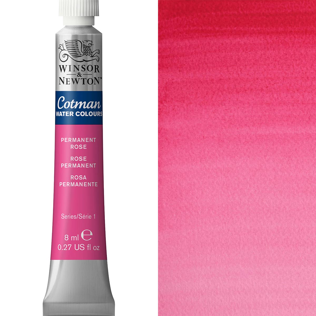 Winsor & Newton Cotman Watercolour paint tube 8ml in Permanent Rose, showcasing vibrant transparent pink color.