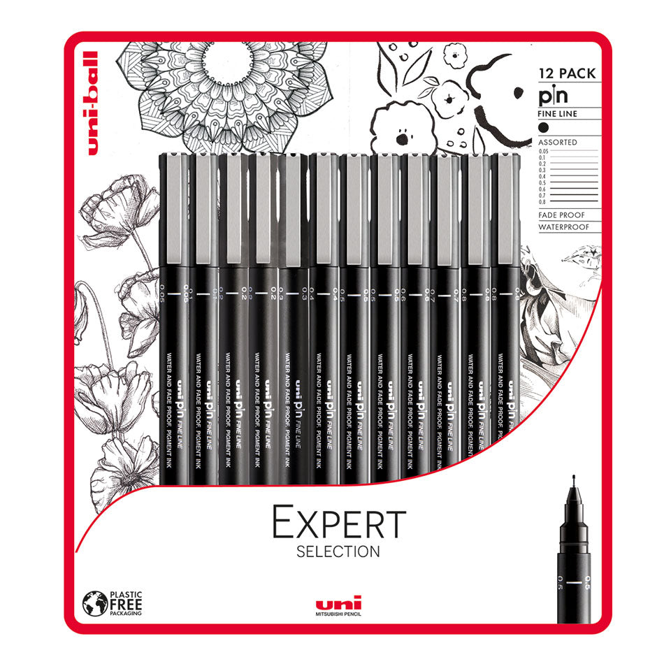 Uni-ball Expert Selection 12 piece Uni-pin fineliner drawing pens, black