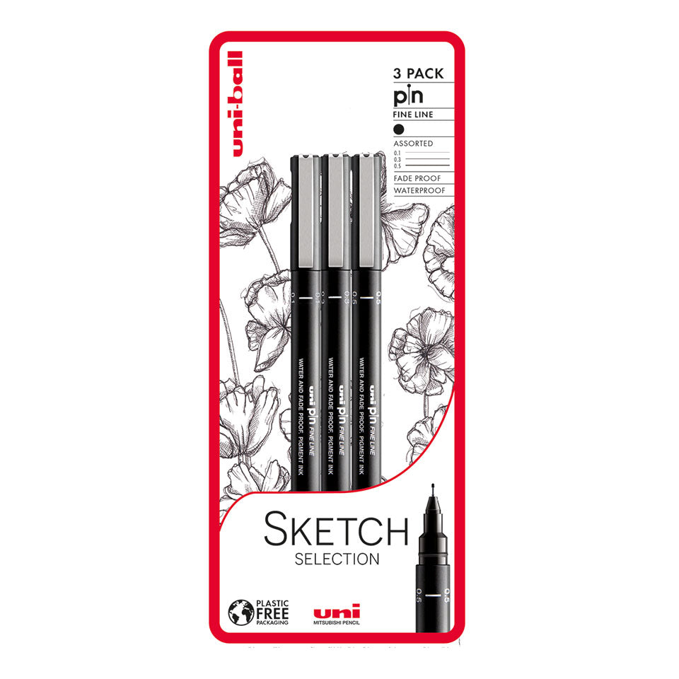 Uni-ball Sketch Selection 3 piece Uni-pin fineliner drawing pens, black