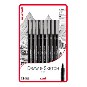 Uni-ball Draw and Sketch 8 piece Uni-pin fineliner drawing pens, black