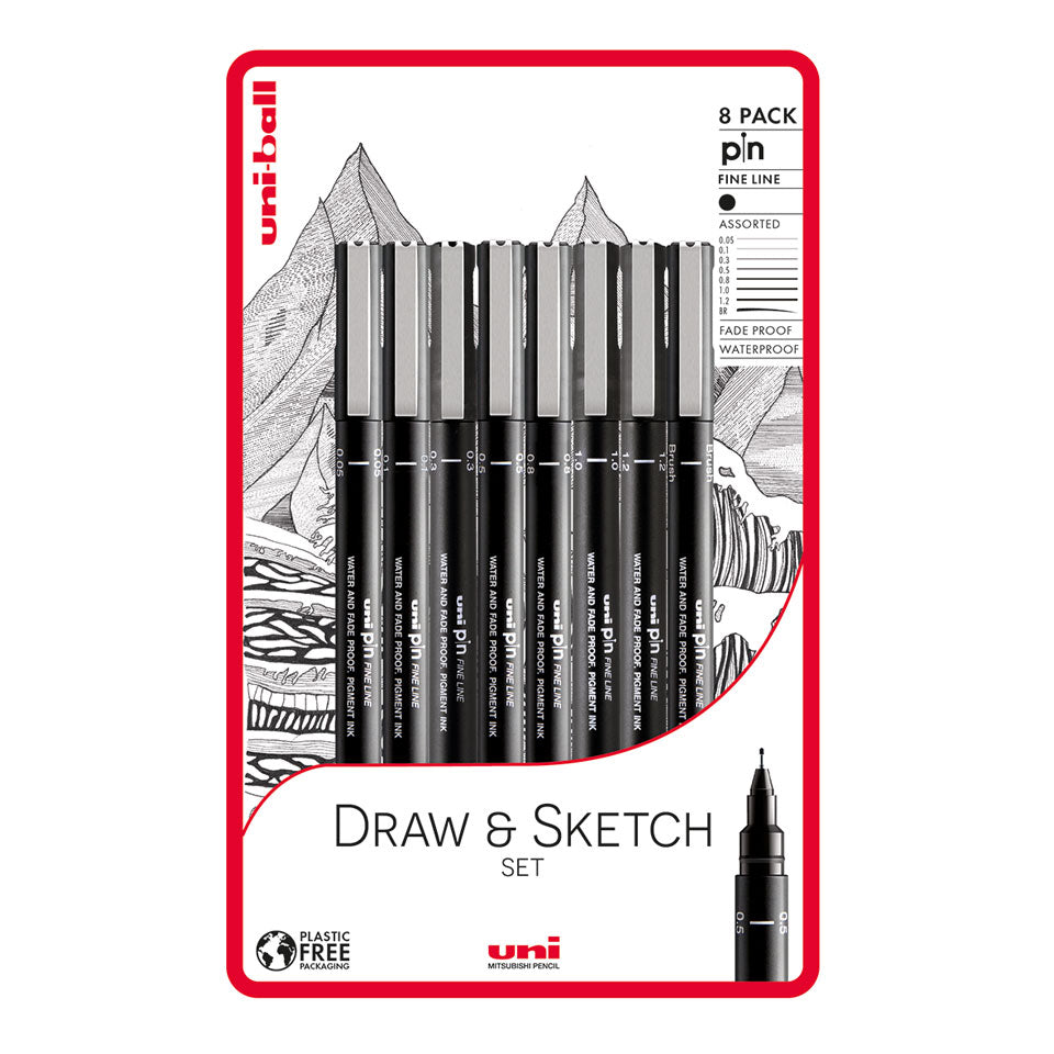 Uni-ball Draw and Sketch 8 piece Uni-pin fineliner drawing pens, black
