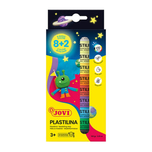 Jovi Plastilina modelling clay, box of 10 bars 15g with 8 assorted colours and 2 glow in the dark