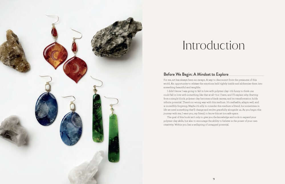 Earrings made using Polymer Clay Special Effects techniques with stones and introduction text.