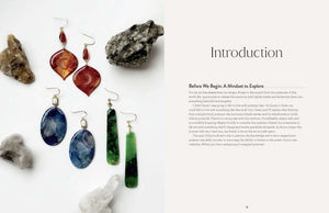 Earrings made using Polymer Clay Special Effects techniques with stones and introduction text.