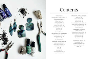 Polymer Clay Special Effects book contents with tools and earrings for jewelry making