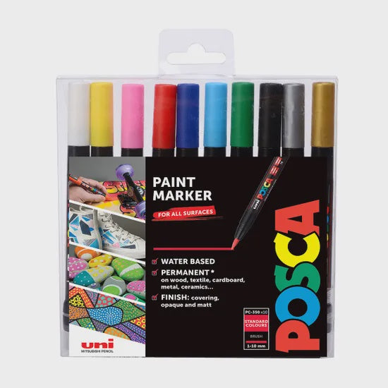 POSCA PCF-350 Brush Tip Paint Marker – 10 Colour Set