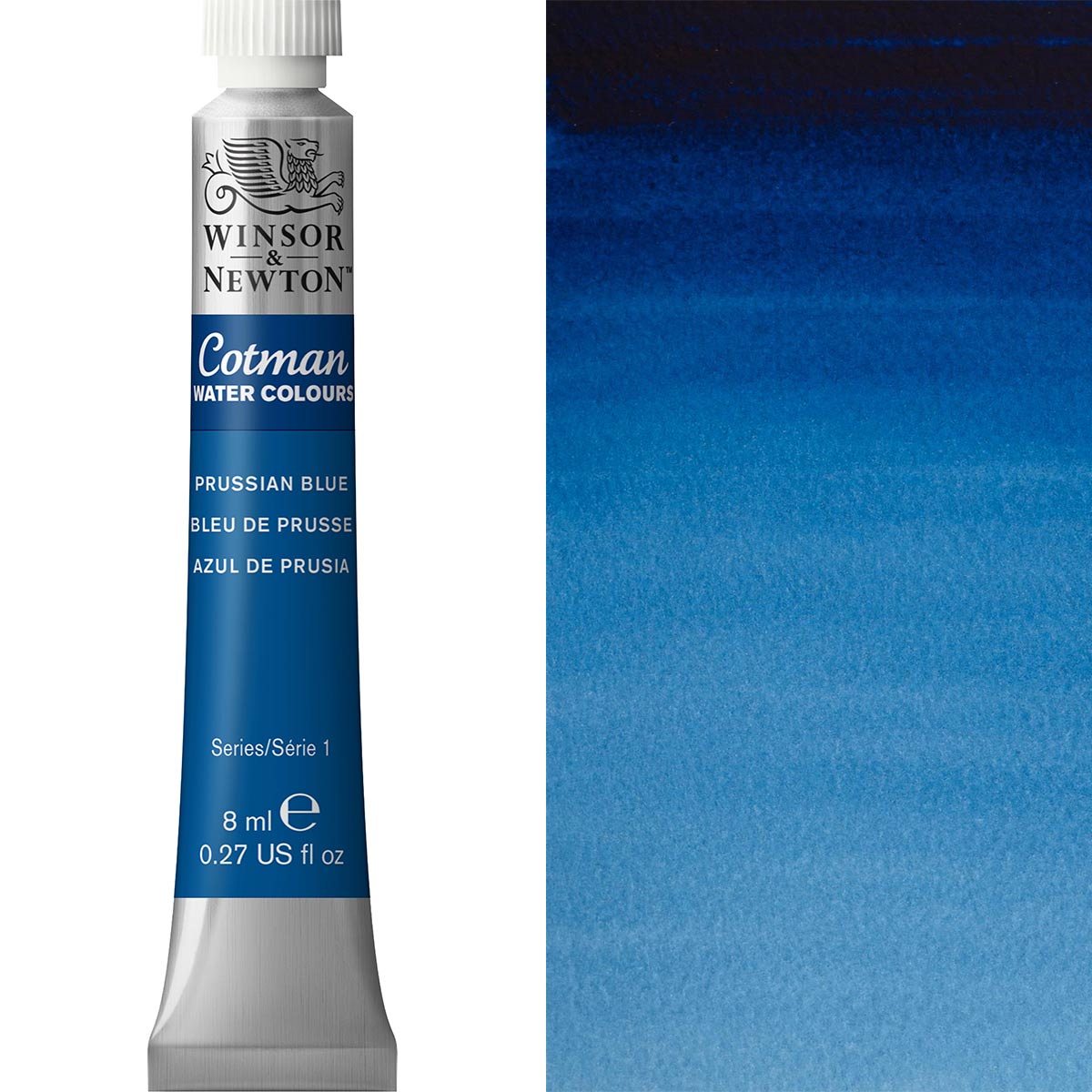 Winsor & Newton Cotman Watercolour tube in Prussian Blue 8ml with a vibrant blue paint swatch beside it.