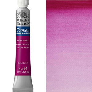 Winsor & Newton Cotman Watercolour paint tube in Purple Lake, 8ml, showcasing transparent pigment swatch.