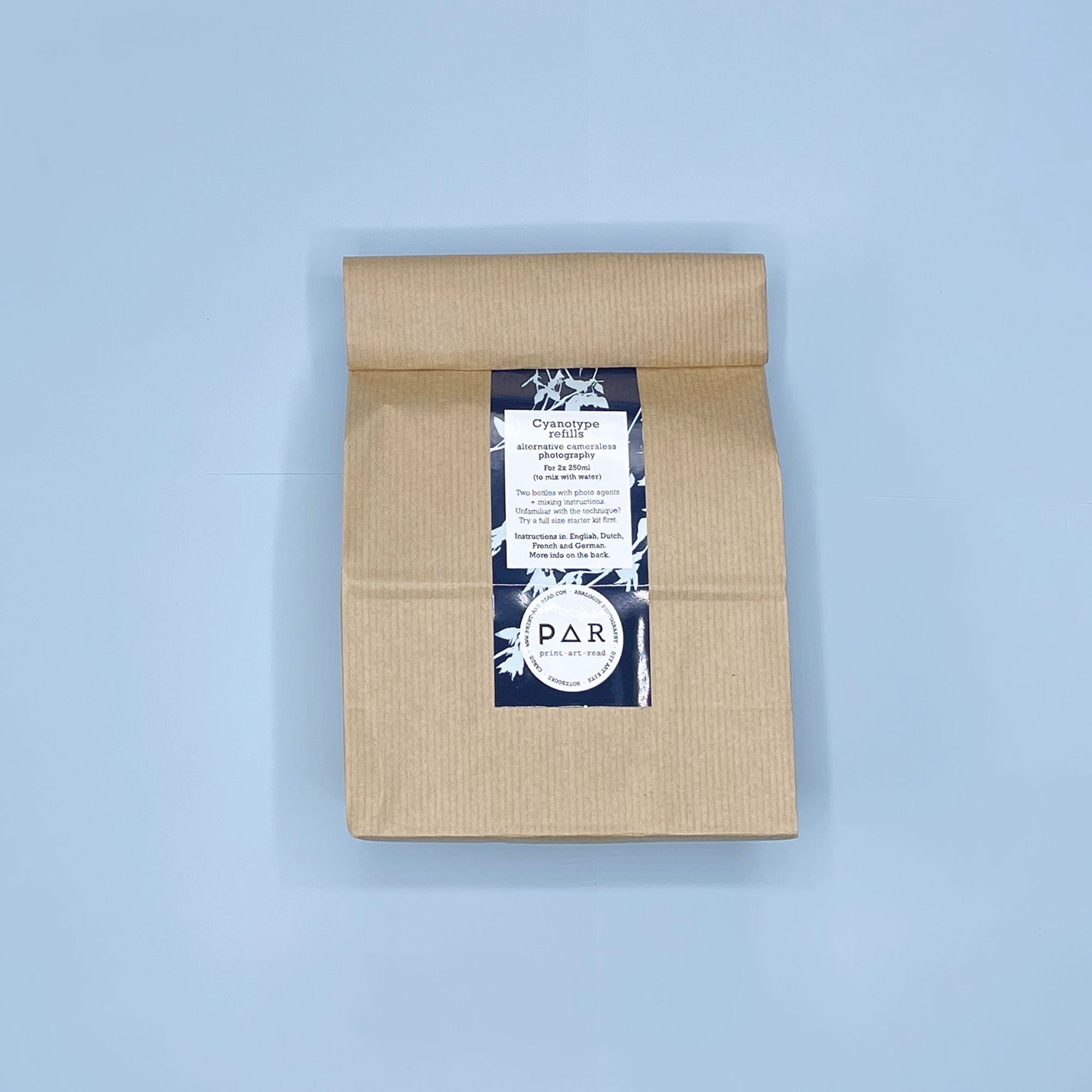 PAR Cyanotype Refill 2 x 250ml – kraft paper bag with blue botanical label