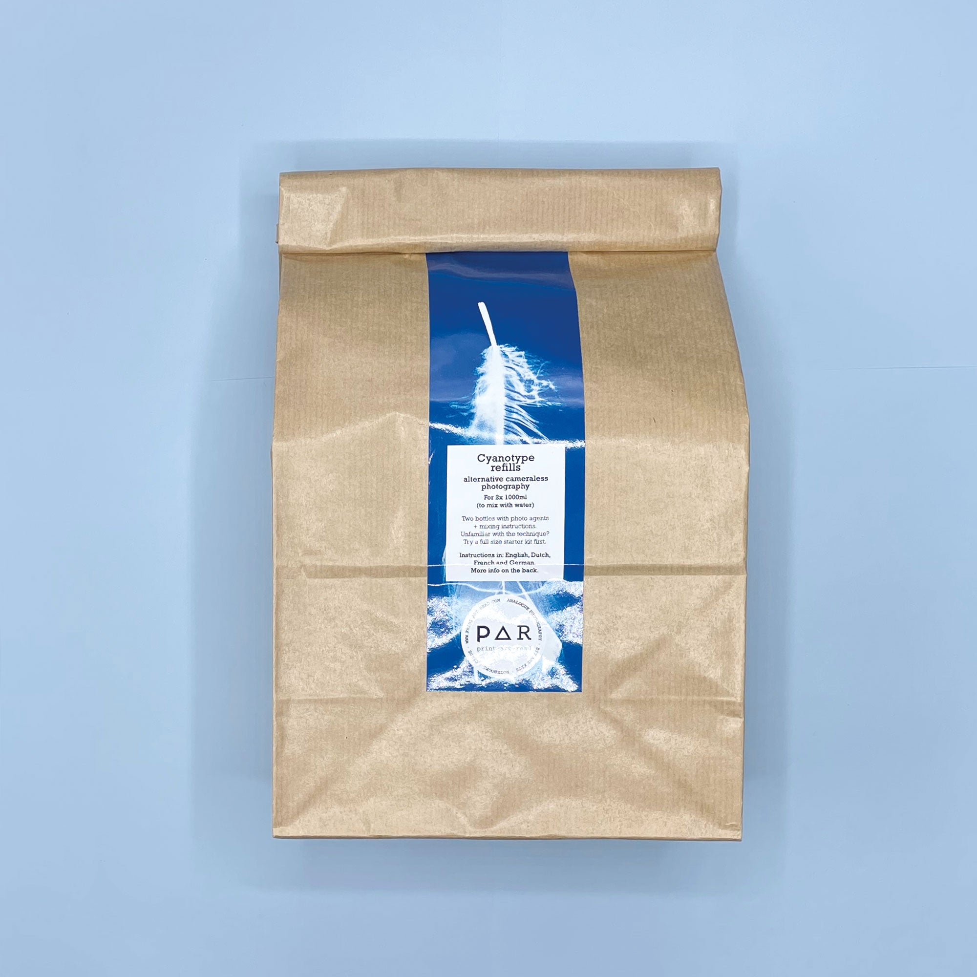 PAR Cyanotype Refill 2 x 1000ml – large kraft bag with white feather cyanotype label