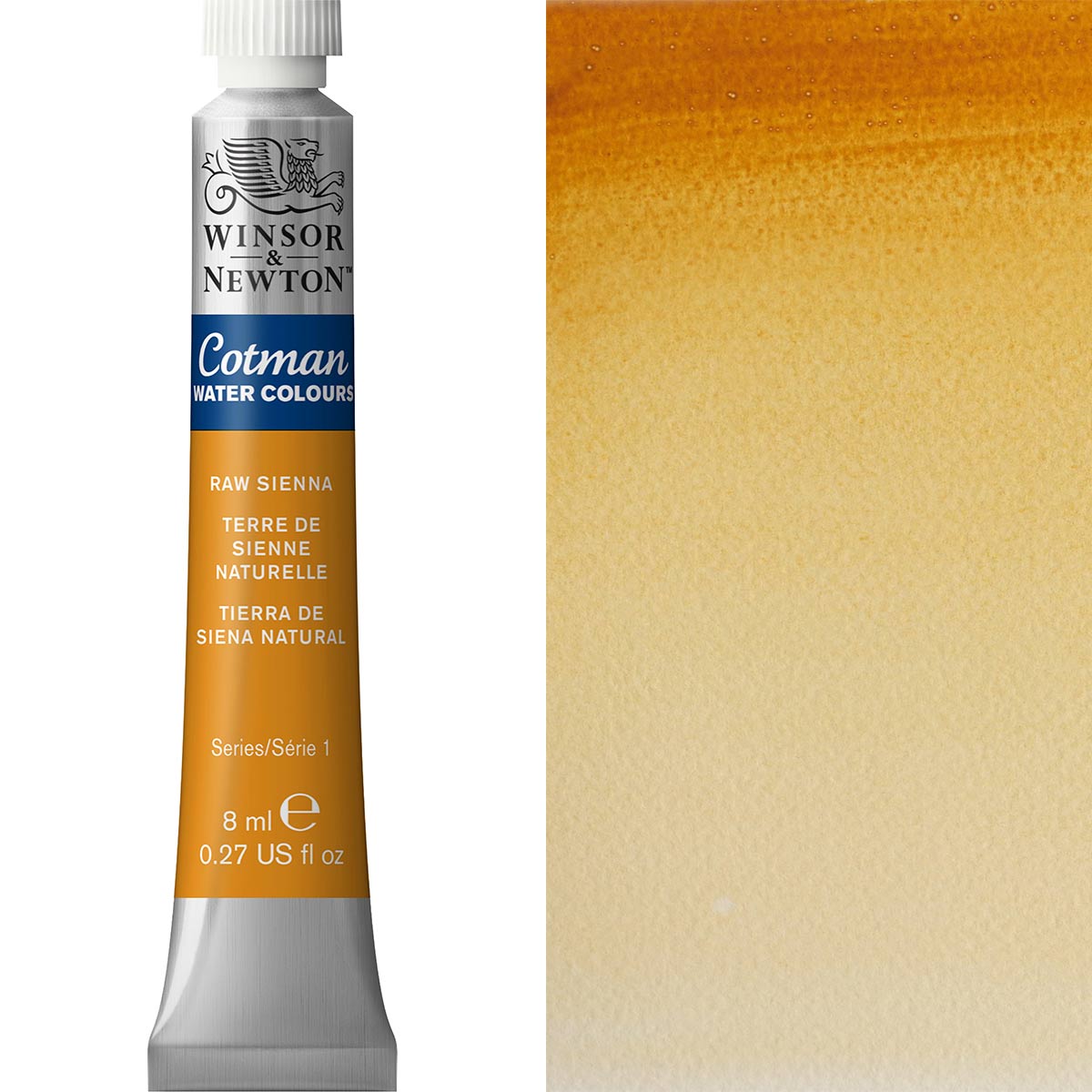 Winsor & Newton Cotman Watercolour Paint tube in Raw Sienna, 8ml, showcasing rich, transparent color ideal for artists.
