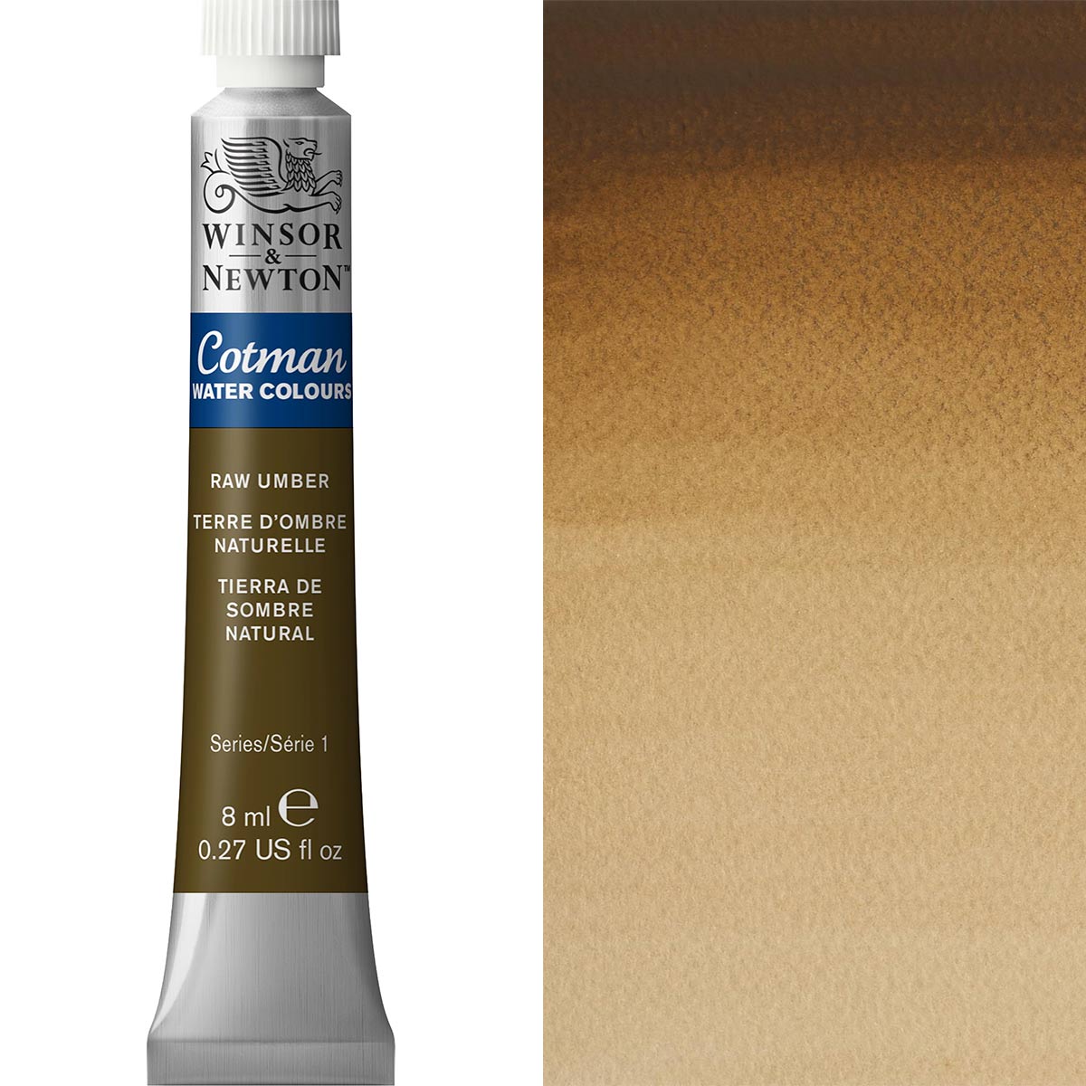 Winsor & Newton Cotman Watercolour paint tube in Raw Umber, 8ml, showcasing its transparent color and quality.