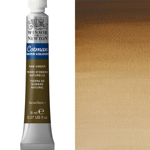 Winsor & Newton Cotman Watercolour paint tube in Raw Umber, 8ml, showcasing its transparent color and quality.