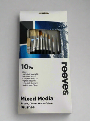 Packaging of Reeves mixed media brushes on a concrete surface