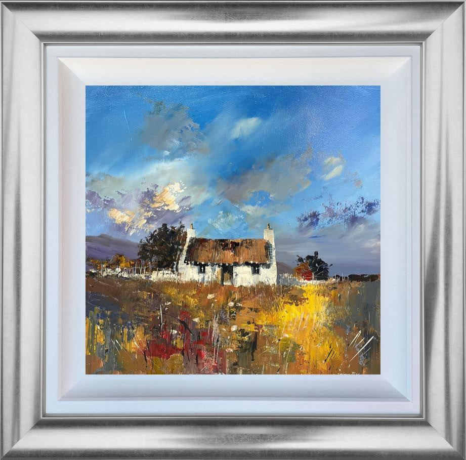 Retreat by Nick Potter features a thatched cottage among golden grasses and a vibrant sky, showcasing nature's serene beauty.