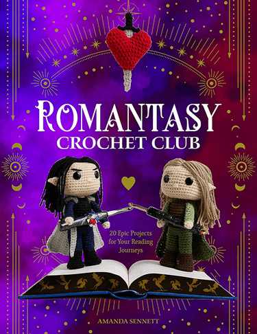 Cover of Romantasy Crochet Club 20 Epic Projects for Your Reading Journeys with fantasy crochet characters.