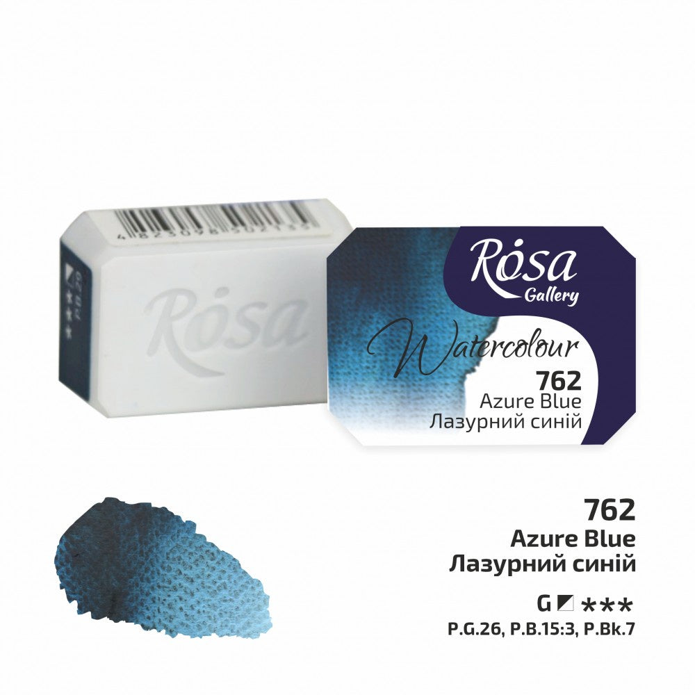 Rosa Gallery Watercolour Full Pan – Azure Blue, 2.5ml packaging and swatch, showcasing its soft, hazy blue color.