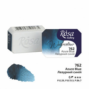 Rosa Gallery Watercolour Full Pan – Azure Blue, 2.5ml packaging and swatch, showcasing its soft, hazy blue color.