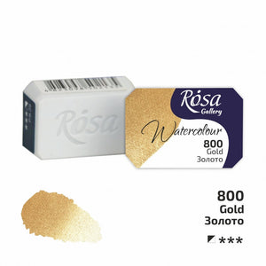 Rosa Gallery Watercolour Full Pan – Gold, 2.5ml with shimmering gold pigment swatch and packaging.