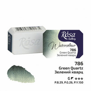 Rosa Gallery Watercolour Full Pan – Green Quartz, 2.5ml with swatch showing its unique granulation.