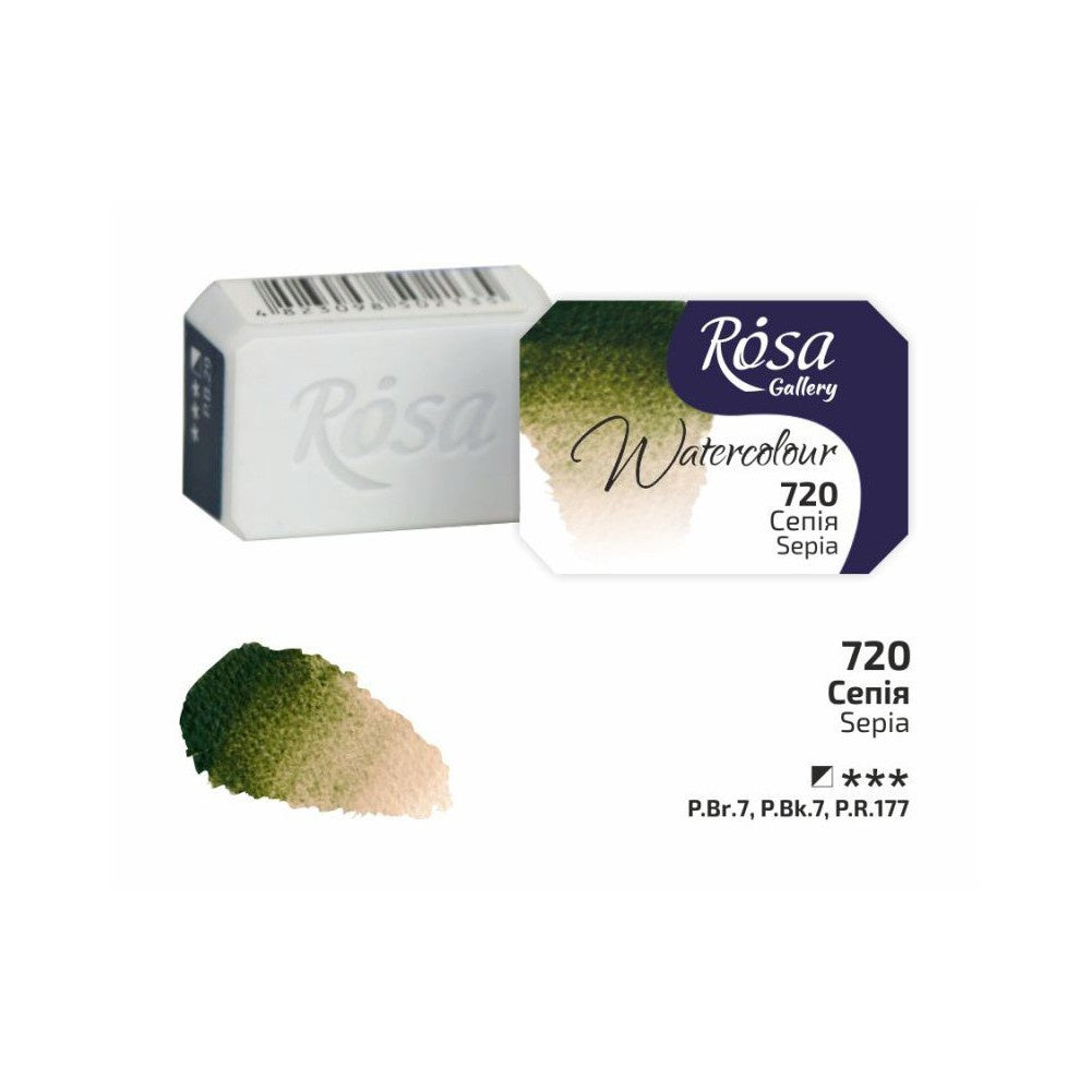 Rosa Gallery Watercolour Full Pan – Sepia, 2.5ml with rich sepia pigment swatch and packaging
