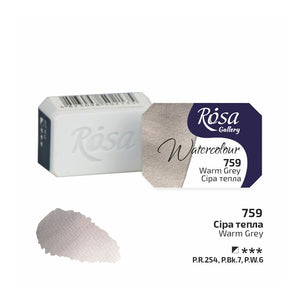 Rosa Gallery Watercolour Full Pan – Warm Grey, 2.5ml packaging and swatch showcasing soft neutral grey.