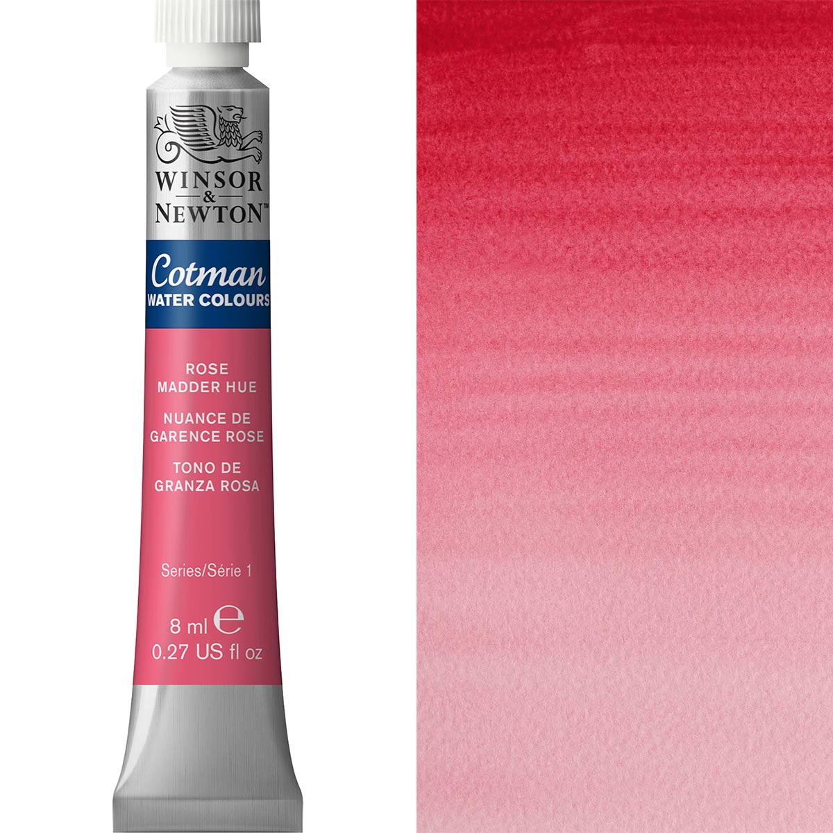 Cotman Watercolour paint tube in Rose Madder Hue, showcasing rich transparent color for artists and hobbyists.