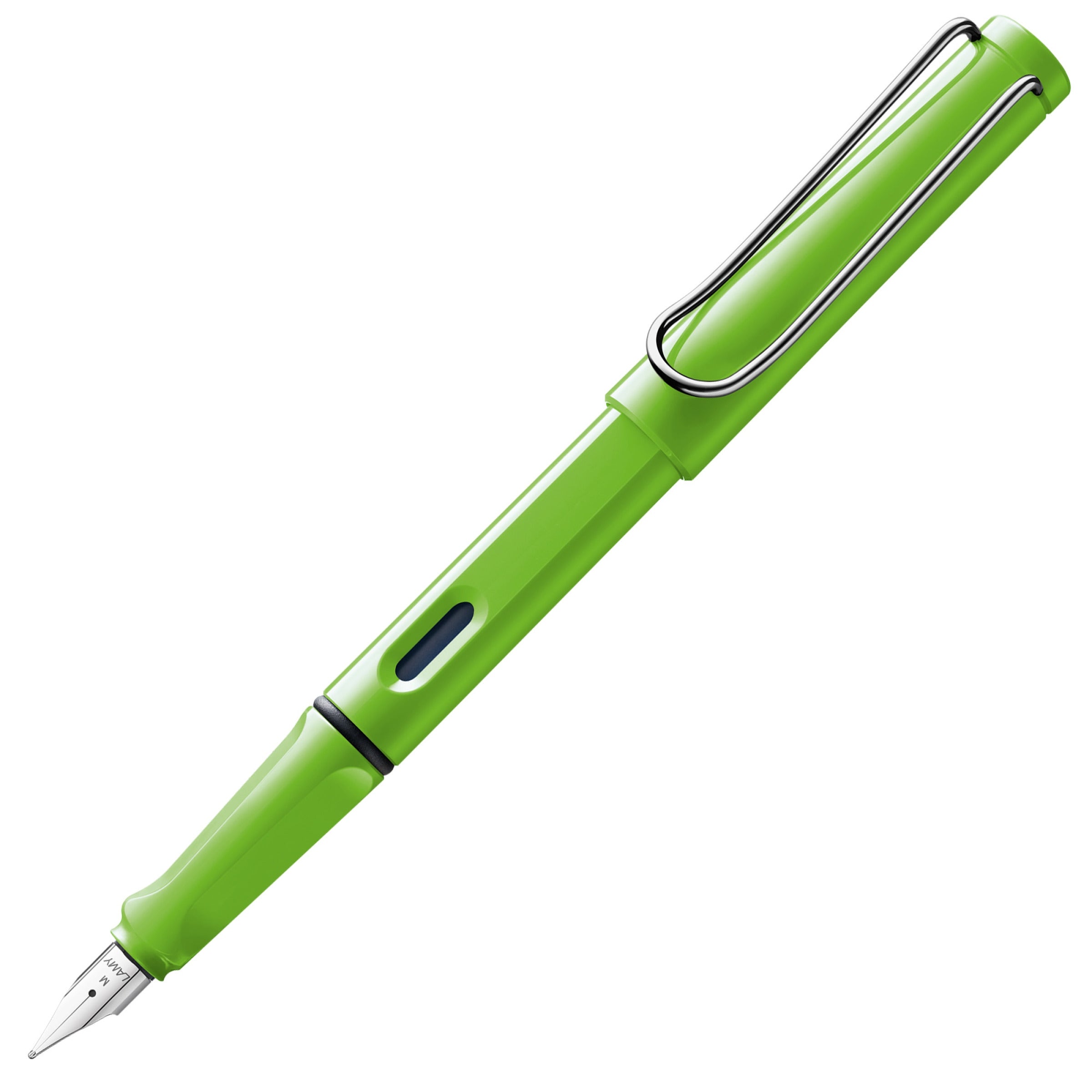 LAMY safari Fountain Pen in vibrant green color with silver clip and triangular grip design.