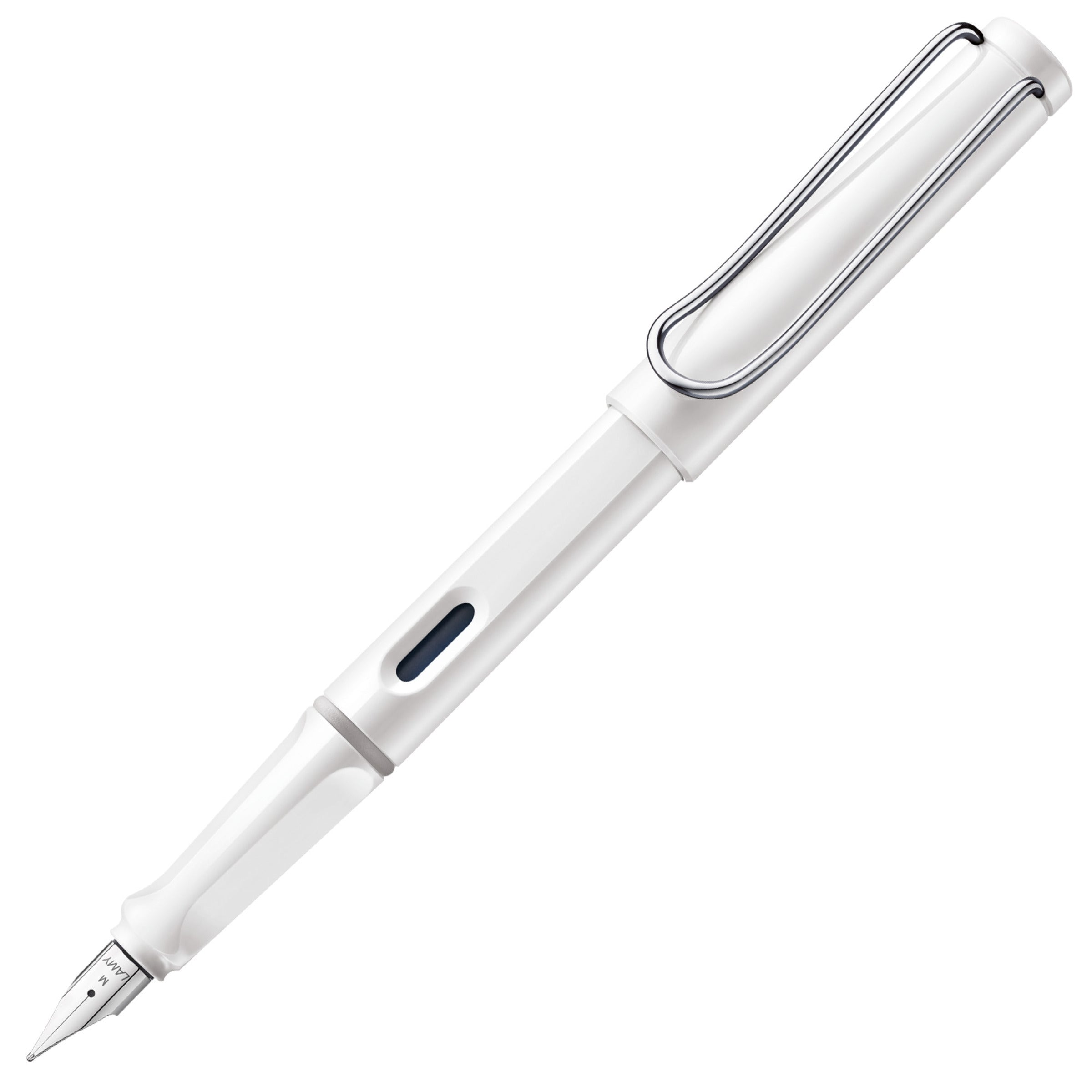 LAMY safari Fountain Pen in white with a triangular grip and metal clip.
