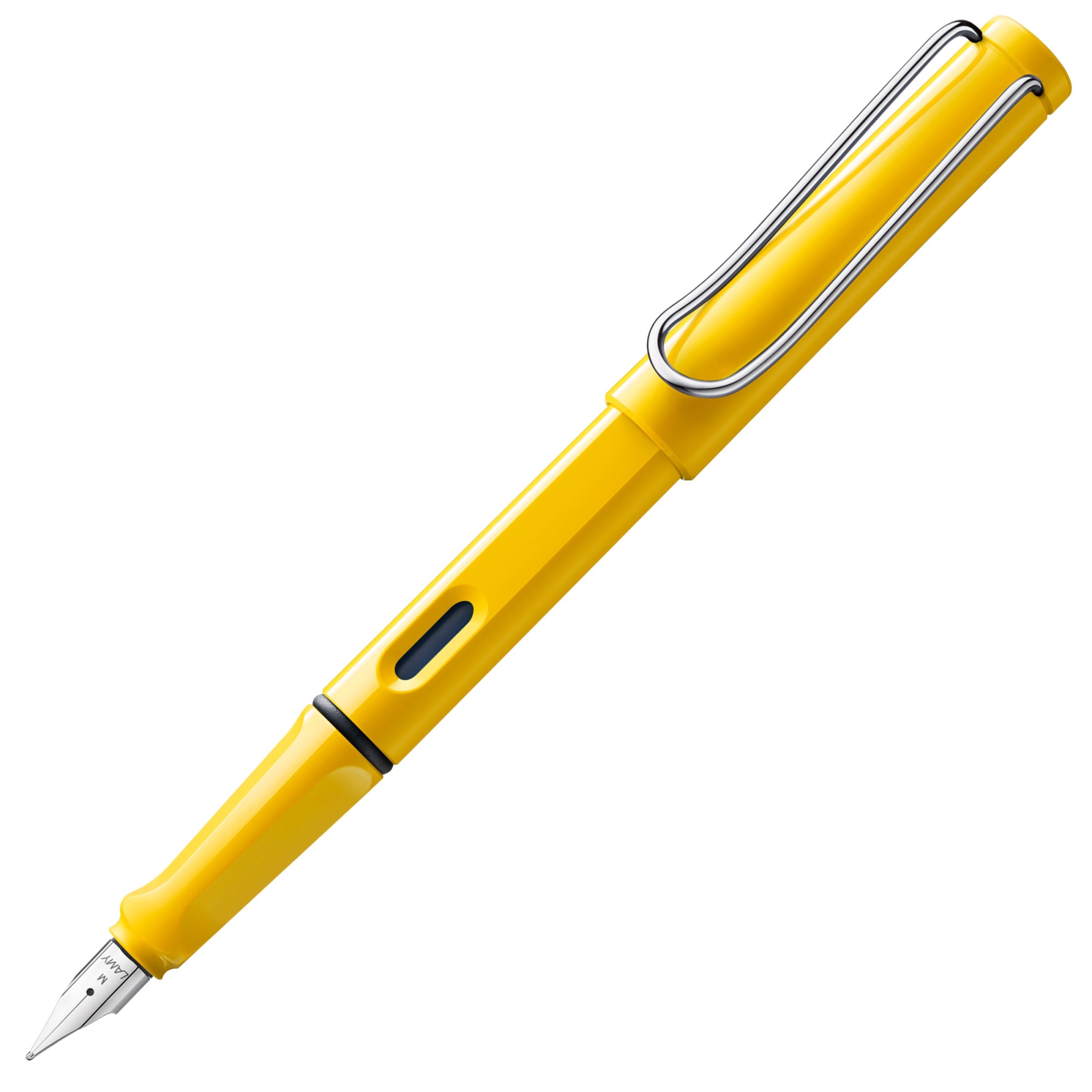 LAMY safari Fountain Pen in bright yellow color with triangular grip and wire spring clip.