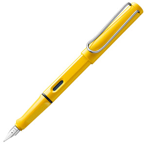 LAMY safari Fountain Pen in bright yellow color with triangular grip and wire spring clip.