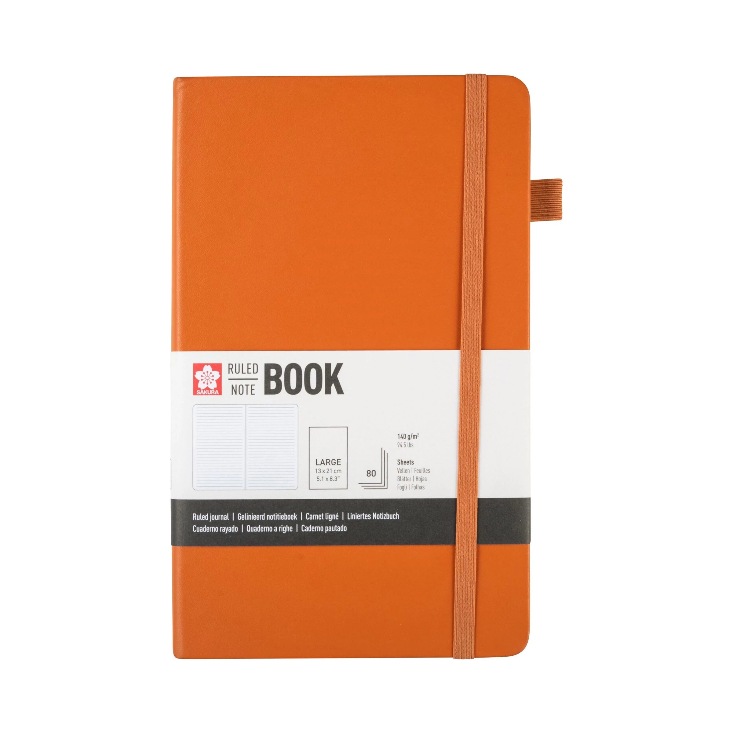Sakura ruled hard cover notebook in orange, 13 × 21 cm, 80 sheets of FSC-certified paper. Ideal compact journal for everyday use.