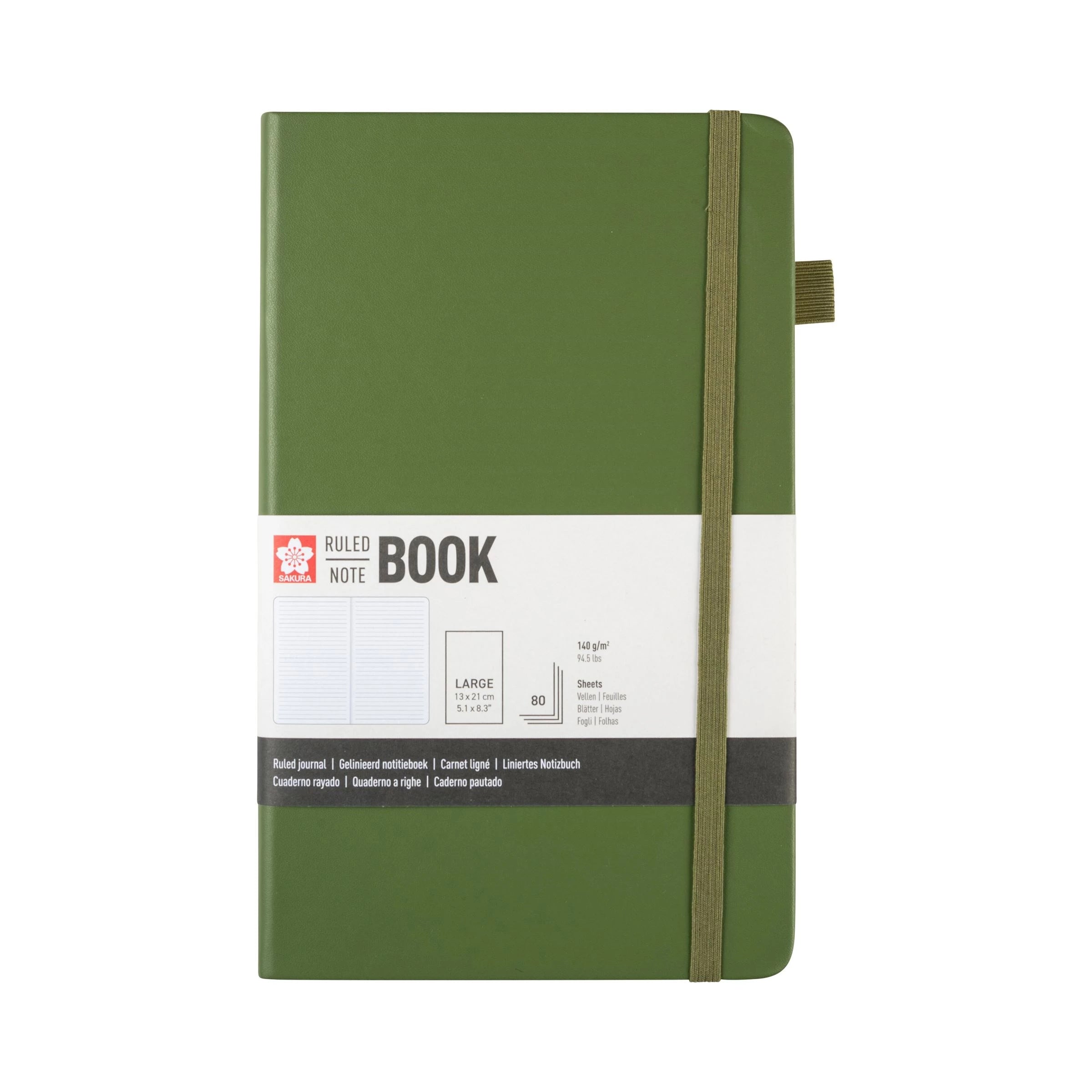 Sakura ruled hardcover notebook in olive green, 13x21 cm, durable cover, 80 FSC-certified sheets, ideal for everyday use and writing.