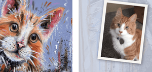 Alt Tag: Bespoke pet portrait featuring an orange cat painted by bradburyART and a photo of the cat with a heart-shaped collar.