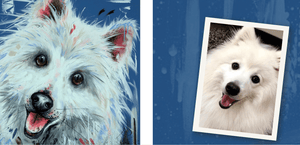 Bespoke pet portrait by bradburyART featuring a white fluffy dog with a smiling expression and its corresponding photograph.