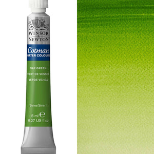 Winsor & Newton Cotman Watercolour 8ml tube of Sap Green paint next to a green watercolor swatch.