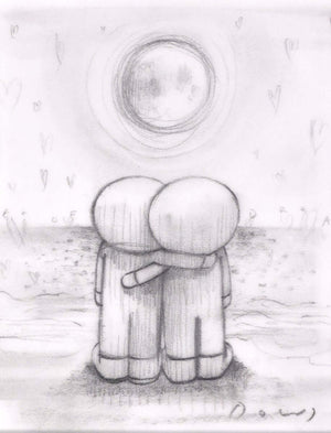Sea of Dreams III, Original Sketch by Doug Hyde depicting two figures embracing under a moonlit sky, hearts in the background.
