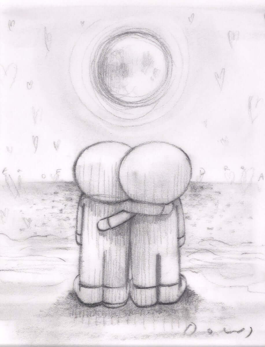 Sea of Dreams III, Original Sketch by Doug Hyde depicting two figures embracing under a moonlit sky, hearts in the background.