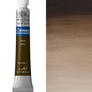 Winsor & Newton Cotman watercolour paint tube in sepia, 8ml, showcasing transparent rich brown color swatch.