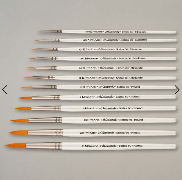 Pro Arte Series 60 Miniature and Round Brushes arranged in a row, showcasing detail and precision for fine art.
