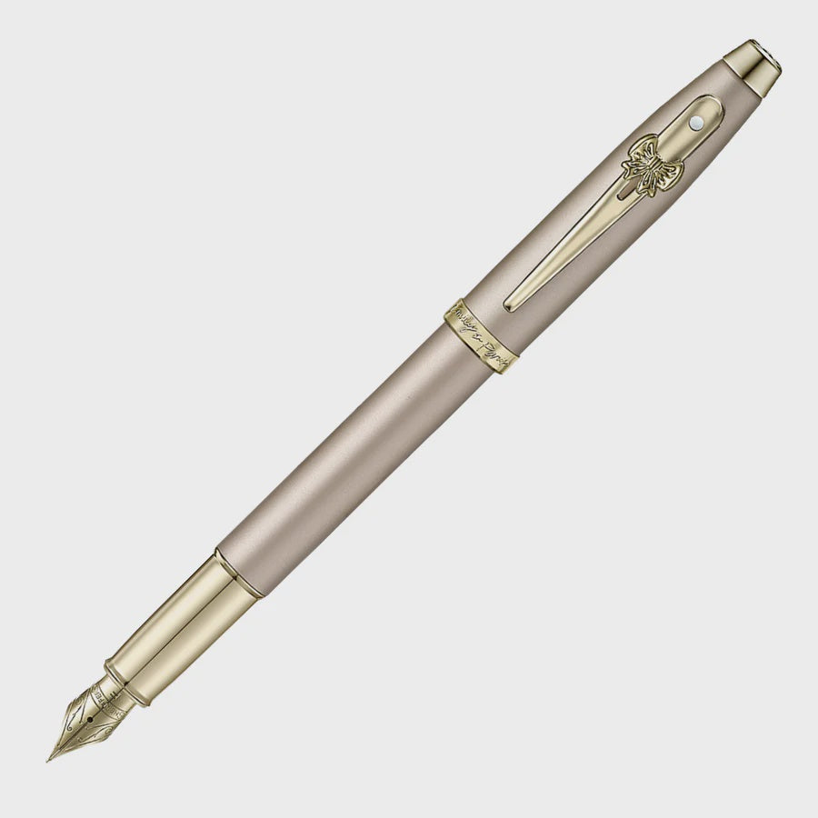 Sheaffer 100 Emily in Paris Champagne Gold Fountain Pen – Medium Nib, elegant fountain pen with gold trims and bow-shaped clip