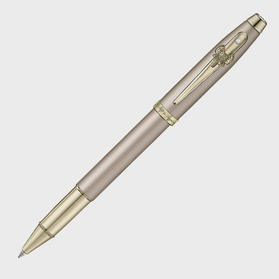Sheaffer 100 Emily in Paris Champagne Gold Rollerball Pen – Bow Clip showing elegant design and polished trims