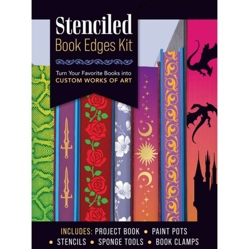 Stencilled Book Edges Kit – Create Your Own Collectors’ Editions with colorful book edge designs and art tools.