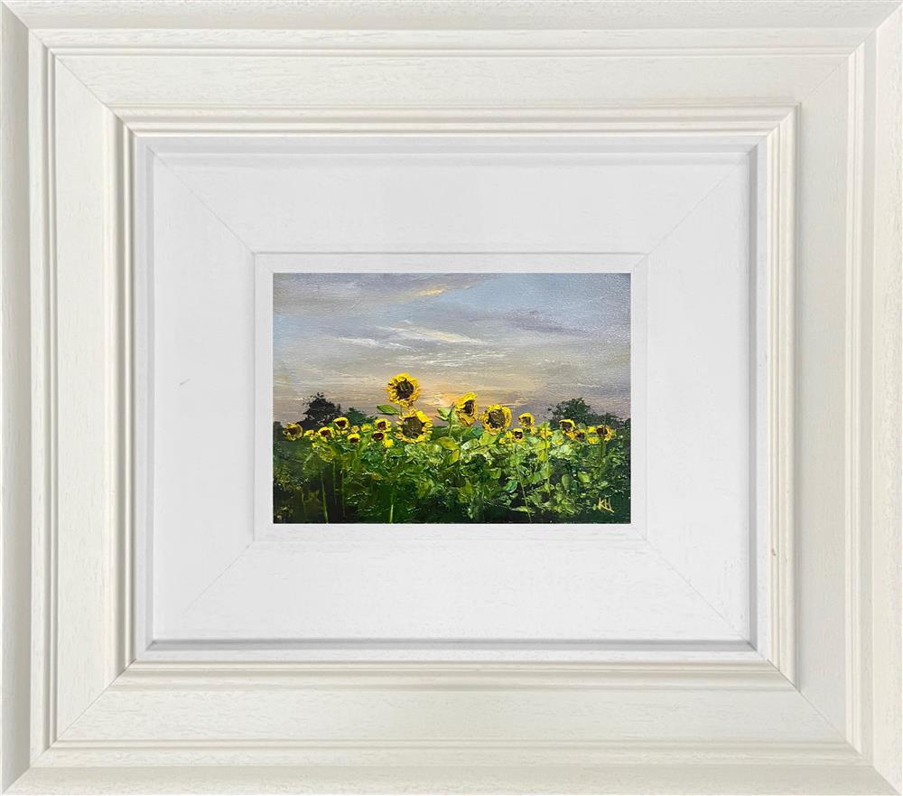Sunflowers in the Quiet Light by Kimberley Harris, original palette-knife oil miniature of a sunflower field