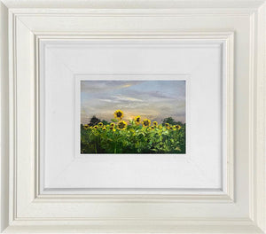 Sunflowers in the Quiet Light by Kimberley Harris, original palette-knife oil miniature of a sunflower field